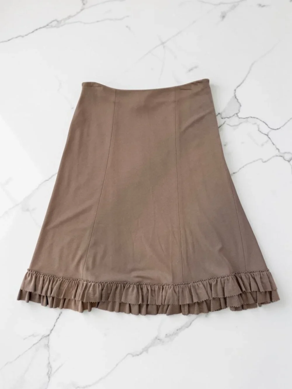 DKNY Brown Taupe Ruffle Hem Skirt Size Small Side Zip